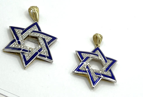 14K Gold & Diamond With Blue Enamel Star of David Necklace